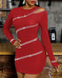 Studded One Shoulder Long Sleeve Bodycon Dress red