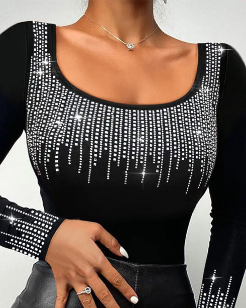 Mock Neck Long Sleeve Rhinestone Decor Top black