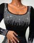 Mock Neck Long Sleeve Rhinestone Decor Top black