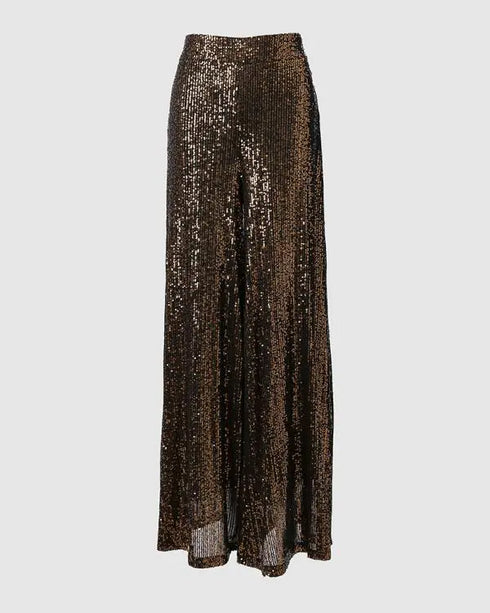 Drawstring Design Allover Shiny Sequins Cuffed Pants Partywear Dark Brown