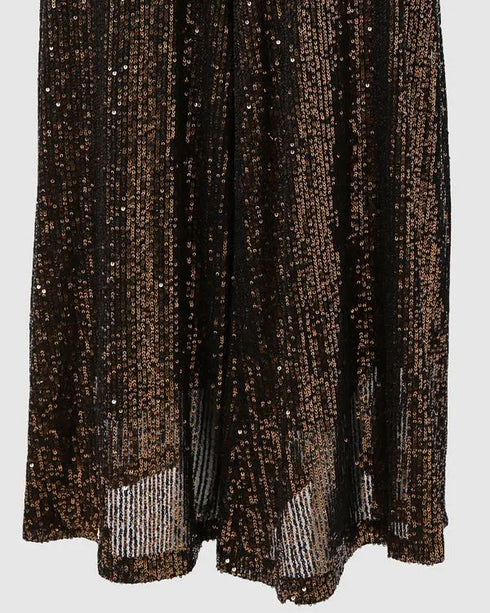 High Waist Allover Sequin Wide Leg Flared Nightout Party Pants Dark Brown