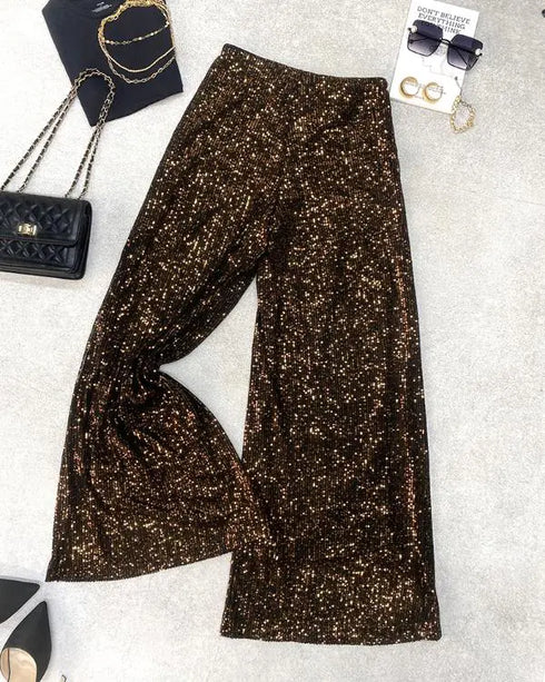 High Waist Allover Sequin Wide Leg Flared Nightout Party Pants Dark Brown