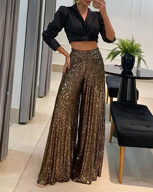High Waist Allover Sequin Wide Leg Flared Nightout Party Pants Dark Brown
