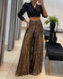 Drawstring Design Allover Shiny Sequins Cuffed Pants Partywear Dark Brown