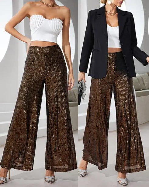 Drawstring Design Allover Shiny Sequins Cuffed Pants Partywear Dark Brown
