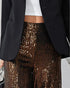 High Waist Allover Sequin Wide Leg Flared Nightout Party Pants Dark Brown