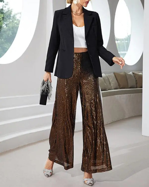 High Waist Allover Sequin Wide Leg Flared Nightout Party Pants Dark Brown