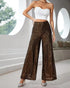 High Waist Allover Sequin Wide Leg Flared Nightout Party Pants Dark Brown