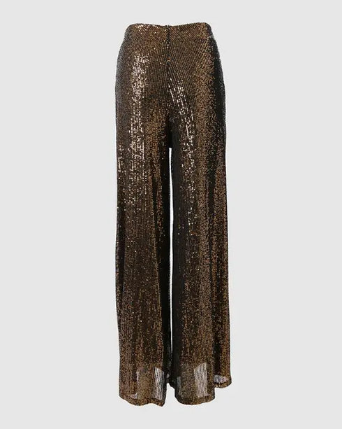 High Waist Allover Sequin Wide Leg Flared Nightout Party Pants Dark Brown