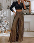 Drawstring Design Allover Shiny Sequins Cuffed Pants Partywear Dark Brown