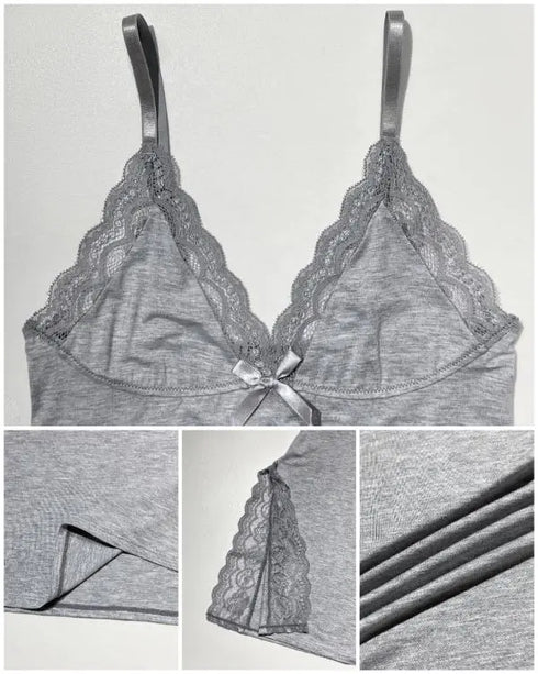 2 Piece Lace Trim Side Slit Bowknot Decor Modal Cami Sleep Dress Cardigan Nightdress Set gray