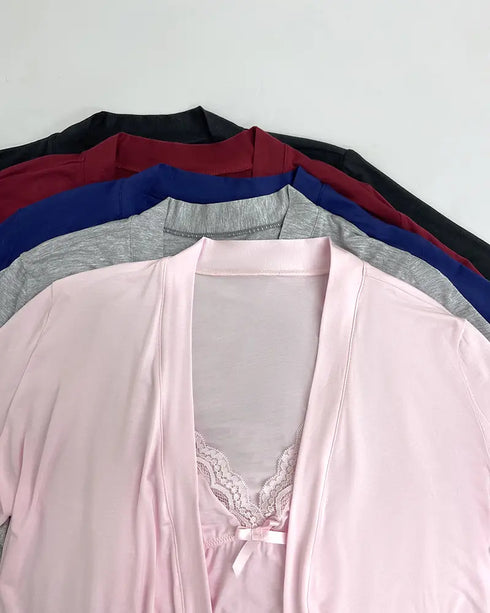 Lace Trim Adjustable straps Side Slit Bowknot Decor Modal Cami Sleep Dress gray