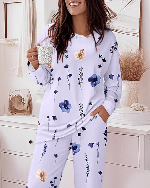 2 Pieces Outfit Floral Print Long Sleeve Drop Shoulder Top and Elastic Waist Pants Sets Casual Pajamas Set purple