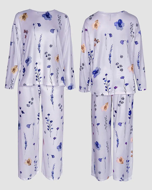 2 Pieces Outfit Heart & Let me sleep Slogan Print Long Sleeve Top and Christmas Tree & Snowflake Print Colorblock Elastic Waist Pants Set Casual Christmas Pajamas Set purple