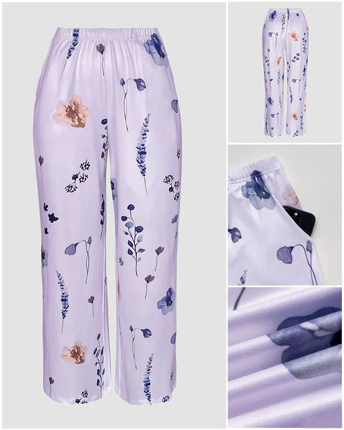 2 Pieces Outfit Round Neck Lace Spliced Short Sleeve Top and Elastic Waist Straight Leg Pants Set Casual Brushed Ribbed Pajamas Set purple