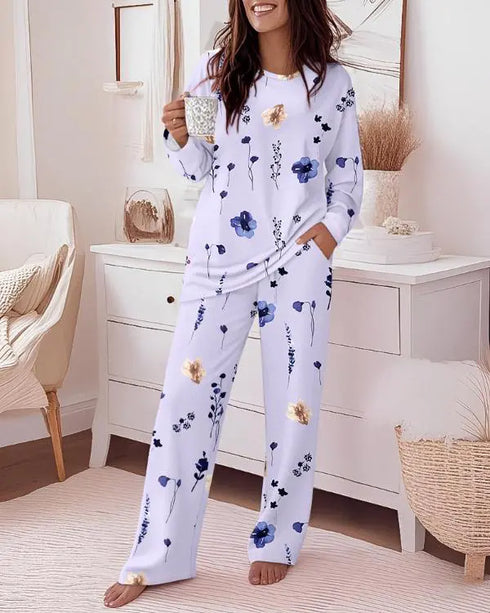 2 Pieces Outfit Christmas Cute Cartoon Reindeer Placement Print Long Sleeve Top and Elastic Waist Pants Set Causal Snowflake Print Pajamas Set purple
