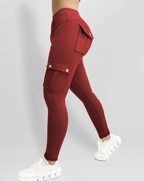 High Waist Tummy Control Butt Lifting Denim Look Leggings Stretchy Yoga Pants with Flap Pockets red