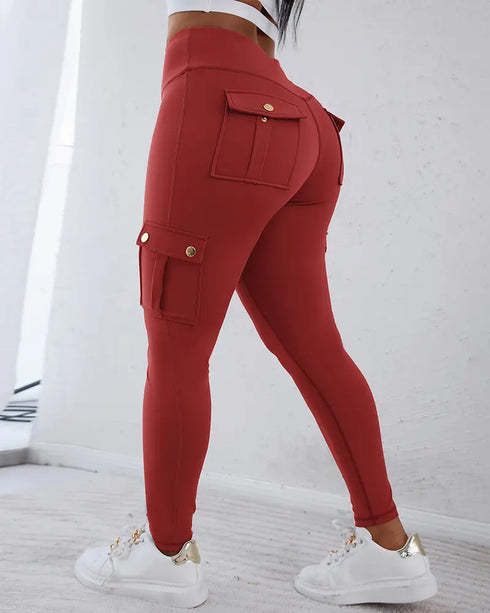 Zipper Pocket Slim Fit Yoga Pants Casual High Waist Workout Pants red
