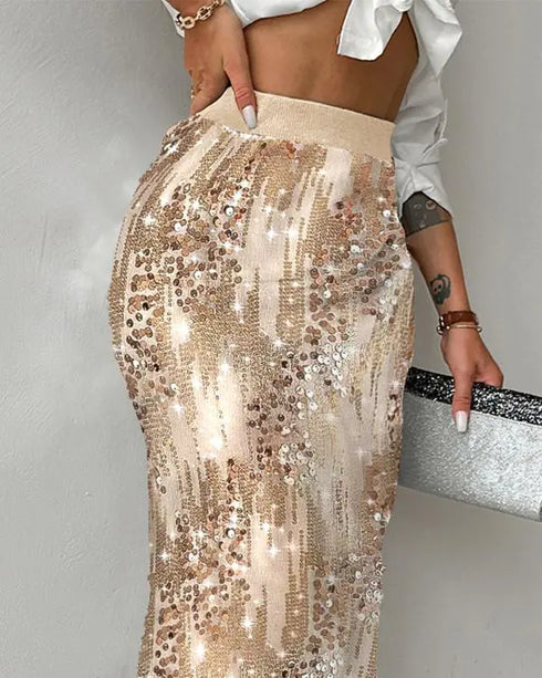 Allover Sequin Stretchy Waist Side Slit Party Club Skirt champagne