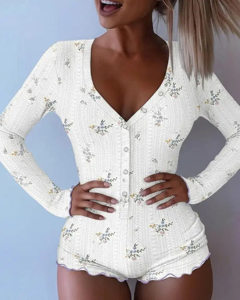 Ditsy Floral Print V-Neck Button Front Frill Trim Romper Slim Fit Jacquard Textured Onesie white