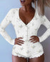 Ditsy Floral Print V-Neck Button Front Frill Trim Romper Slim Fit Jacquard Textured Onesie white