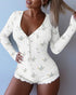 Ditsy Floral Print V-Neck Button Front Frill Trim Romper Slim Fit Jacquard Textured Onesie white