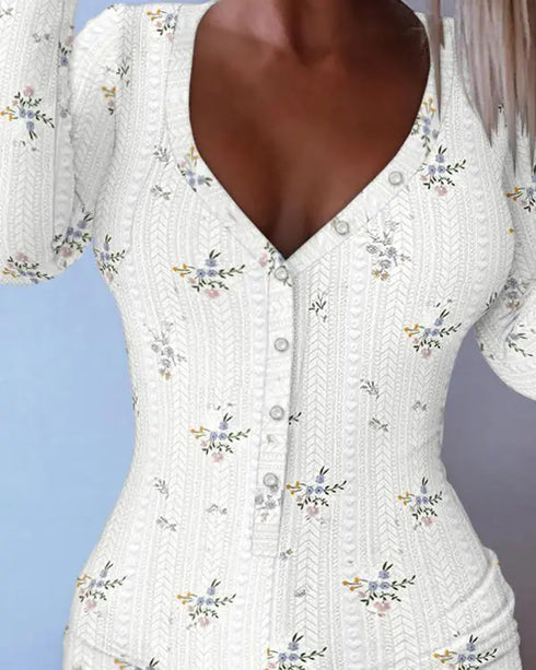 Ditsy Floral Print V-Neck Button Front Frill Trim Romper Slim Fit Jacquard Textured Onesie white