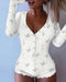 Ditsy Floral Print V-Neck Button Front Frill Trim Romper Slim Fit Jacquard Textured Onesie white