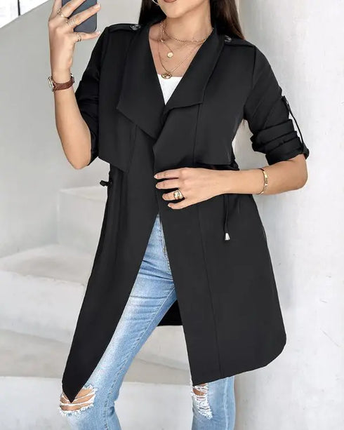 Drawstring Waist Roll Tap Sleeve Classic Trench Coat Lapel Overcoat Outerwear black