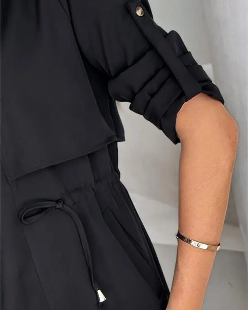 Drawstring Waist Roll Tap Sleeve Classic Trench Coat Lapel Overcoat Outerwear black