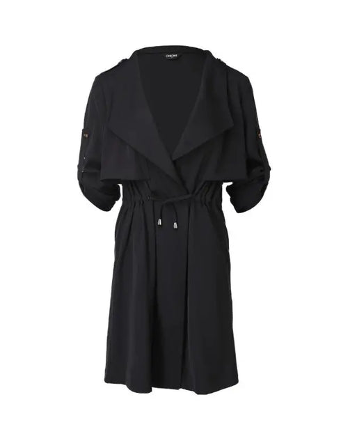 Drawstring Waist Roll Tap Sleeve Classic Trench Coat Lapel Overcoat Outerwear black