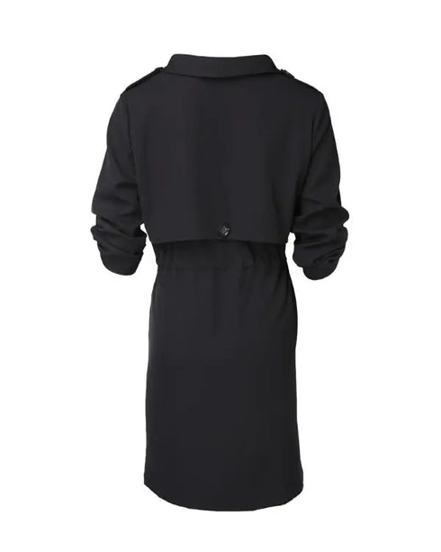 Drawstring Waist Roll Tap Sleeve Classic Trench Coat Lapel Overcoat Outerwear black