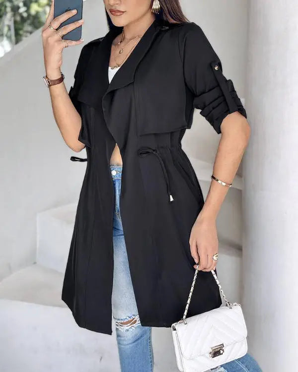 Drawstring Waist Roll Tap Sleeve Classic Trench Coat Lapel Overcoat Outerwear black