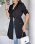 Drawstring Waist Roll Tap Sleeve Classic Trench Coat Lapel Overcoat Outerwear black