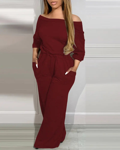 Drop Shoulder Long Sleeve Contrast Lace Backless Overalls Casual Elastic Waist Wide Leg Jumpsuit red
