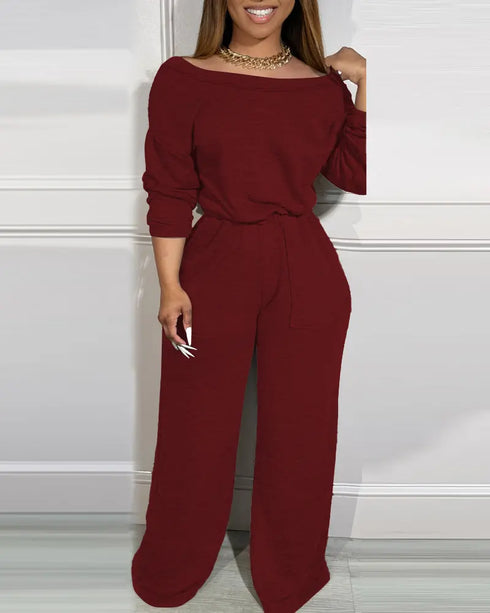 Off Shoulder V-Back Elastic Waist Pockets Design Jumpsuit Casual Drop Shoulder Cinched Waist Wide Leg Jumpsuit red