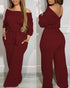 Off Shoulder V-Back Elastic Waist Pockets Design Jumpsuit Casual Drop Shoulder Cinched Waist Wide Leg Jumpsuit red