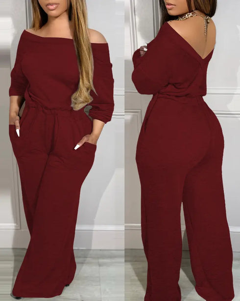 Drop Shoulder Long Sleeve Contrast Lace Backless Overalls Casual Elastic Waist Wide Leg Jumpsuit red