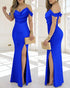 Glitter Off Shoulder Ruffles Slit Dress blue