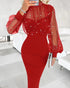 Mock Neck Sheer Mesh Spliced Beaded Bodycon Dress Zipper Back Slit Party Dress red
