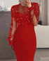 Mock Neck Sheer Mesh Spliced Beaded Bodycon Dress Zipper Back Slit Party Dress red