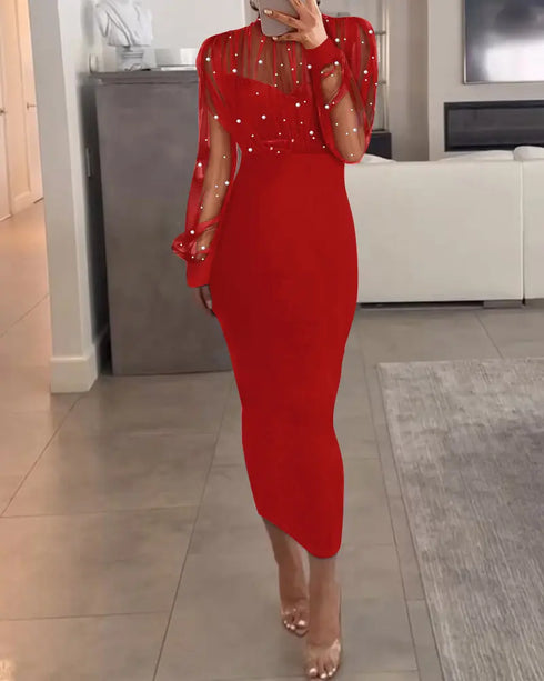 Mock Neck Sheer Mesh Spliced Beaded Bodycon Dress Zipper Back Slit Party Dress red