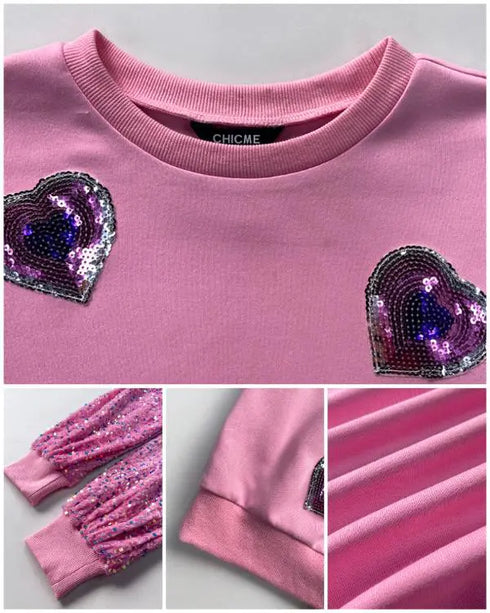 Heart Pattern Contrast Sequin O-Neck Long Sleeve Sweet Pullover Top pink