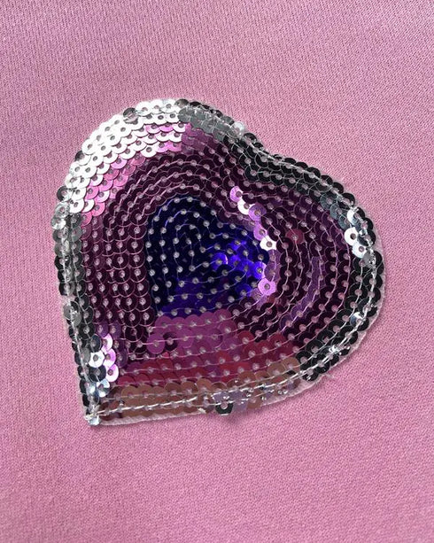 Heart Pattern Contrast Sequin O-Neck Long Sleeve Sweet Pullover Top pink