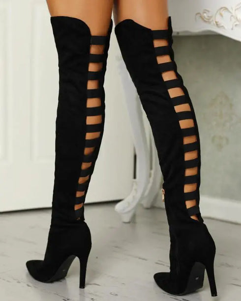 Back Ladder Cutout Knee-high Stiletto Boots black