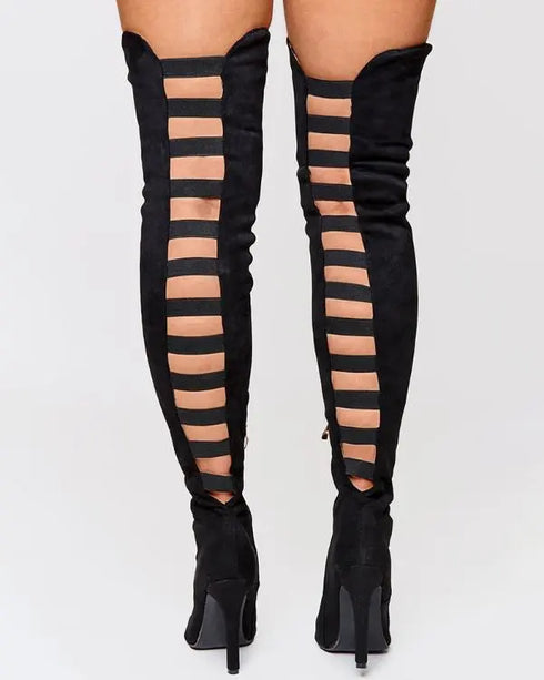 Back Ladder Cutout Knee-high Stiletto Boots black