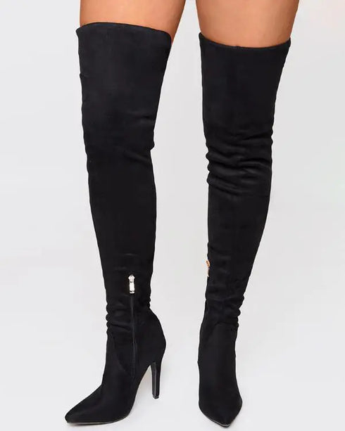 Back Ladder Cutout Knee-high Stiletto Boots black
