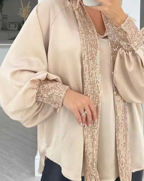 Tie Neck Contrast Sequin Lantern Sleeve Top Apricot