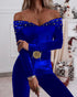 Velvet Zipper Design Ruched Long Sleeve Jumpsuit With Elastic Waistbelt blue