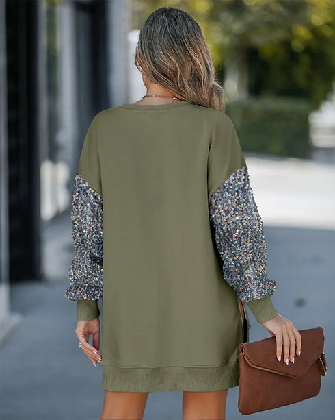 Contrast Sequin Long Sleeve Drop Shoulder Sweatshirt Casual Zipper Side Top Army green